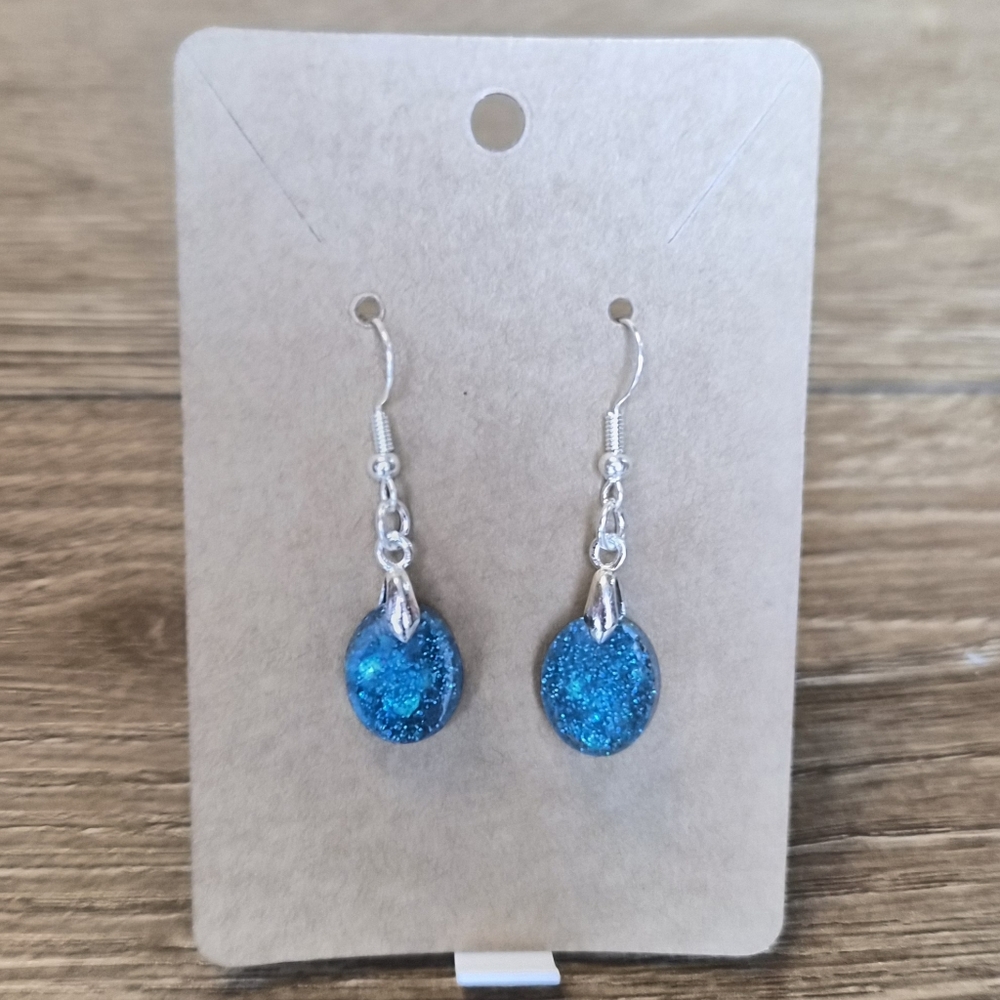 Handmade Blue Sparkle Drop Earrings – One-of-a-Kind Glitter Resin Dangles - Picture 2 of 4